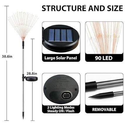 4 Pack 360 LED Waterproof Fireworks Lamp, Fairy Fireworks Light for Christmas Yard Patio Party Decor, Sparkler Lights with Large Capacity Solar Panels (Multi Colour)