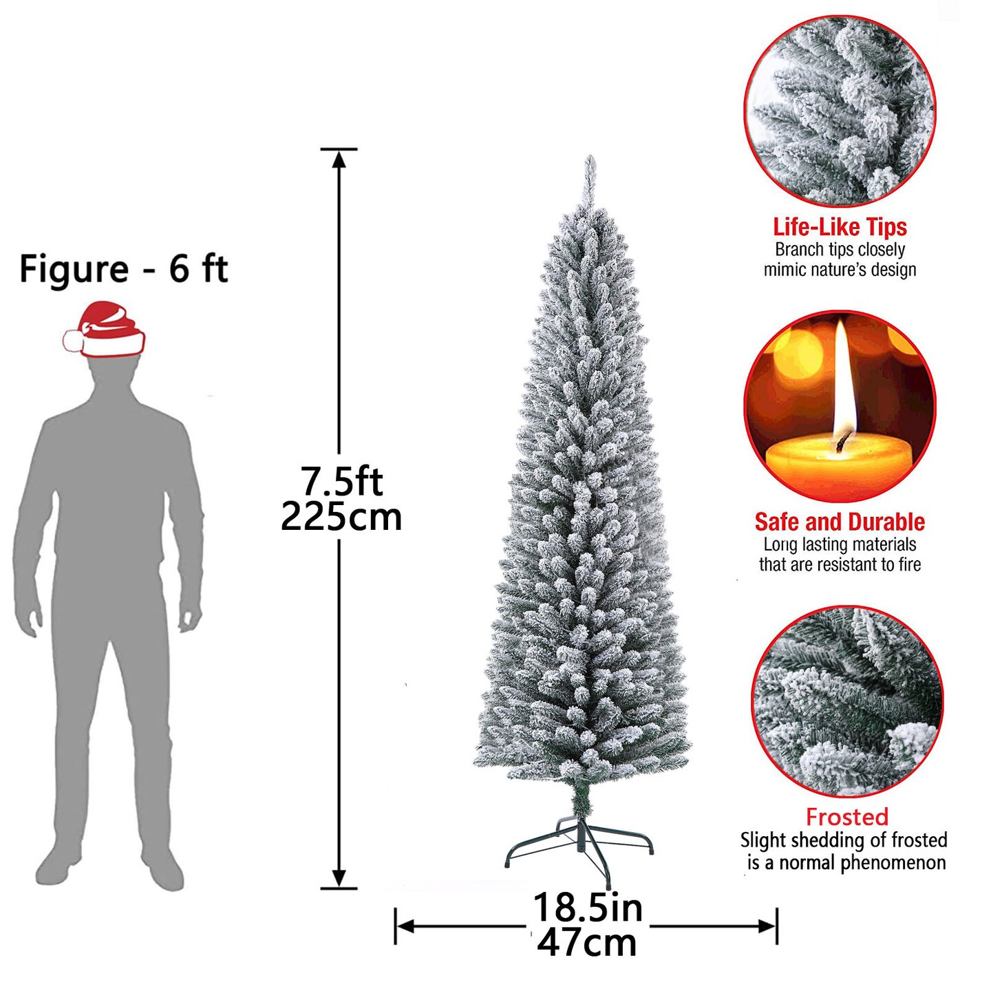 7 Feet Prelit Snow Flocked Pencil Christmas Tree Decoration 150 LED UL Plug Warm Lights 570 Branch Artificial Slim Xmas Tree Indoor Outdoor Home Decor Holiday