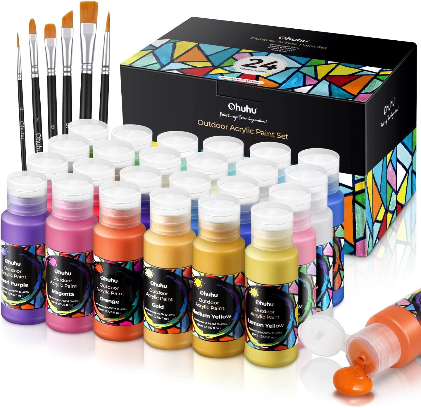 Outdoor Acrylic Paint for Metal, Ohuhu 24 Colors Art Craft Paint Set, 18 Basic Color and 6 Metallic Acrylic Paints (60ml, 2oz.) with 6 Brushes, Waterproof Rich Pigments For Garden Statues, Woods, Rocks, Canvas, Glass, Fabrics, Last 3-4 Years