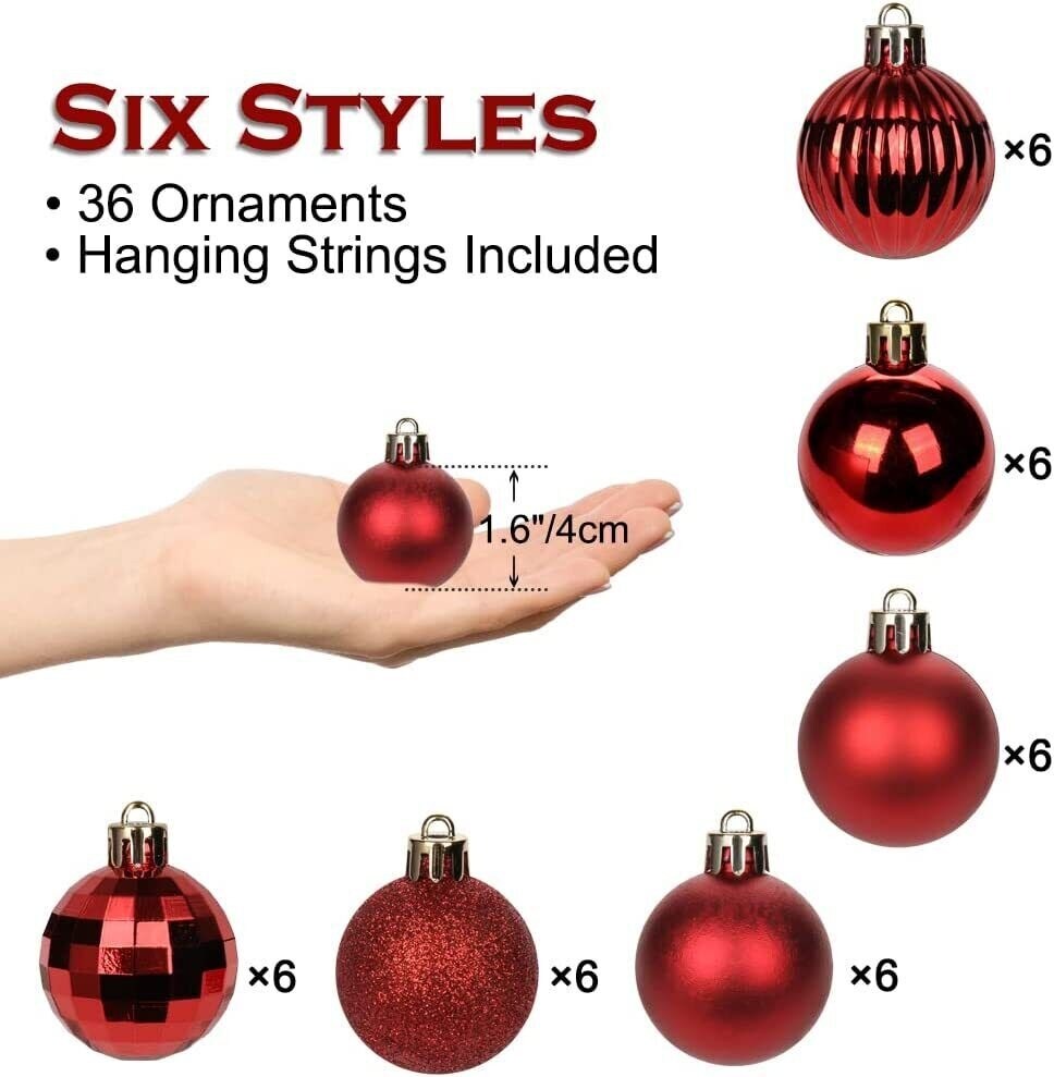 1.6in 36-Piece Shatterproof Christmas Balls - Xmas Tree Ornaments