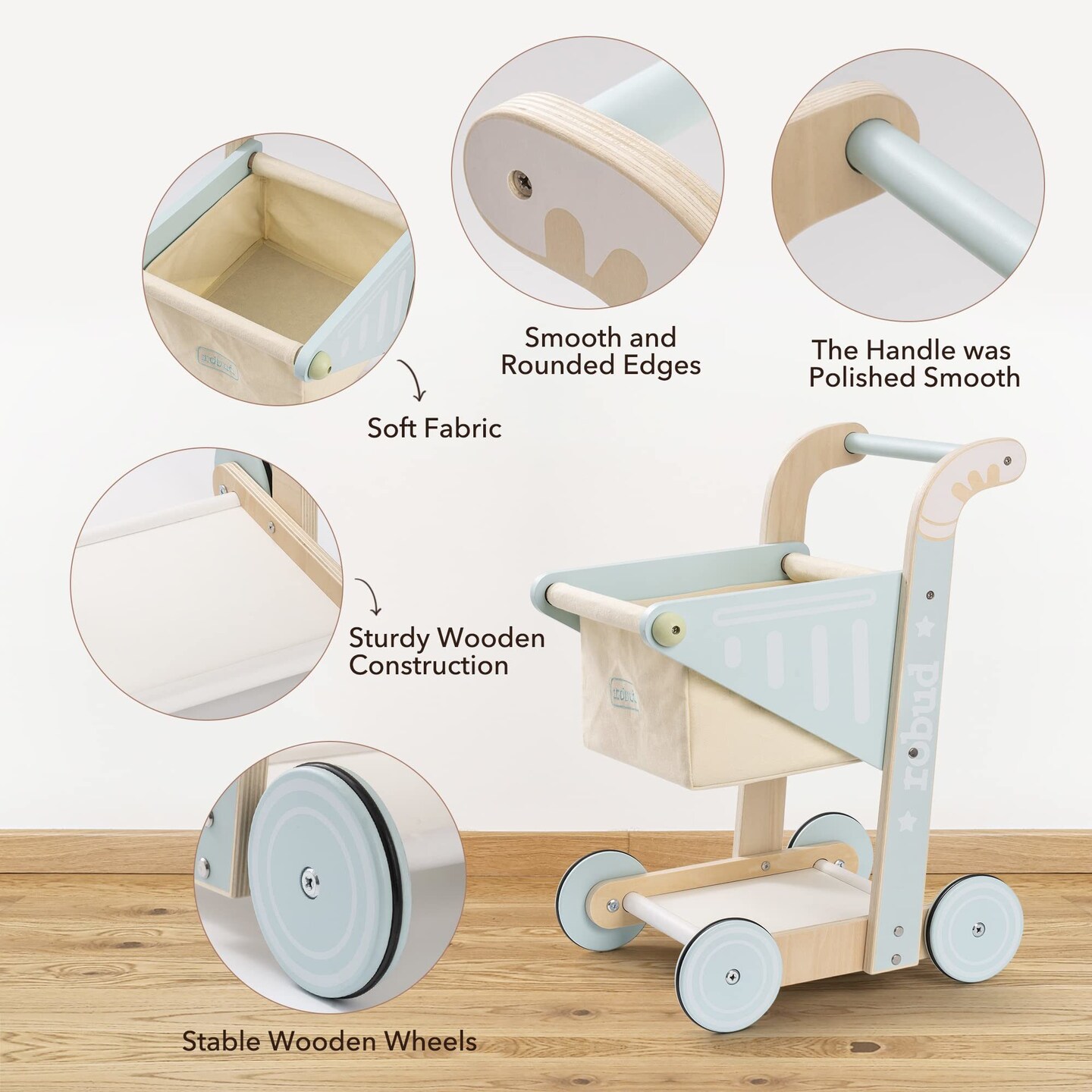 ROBUD Baby Wooden Shopping Cart Toy for Toddler Kids Push Walker Toy WRP02