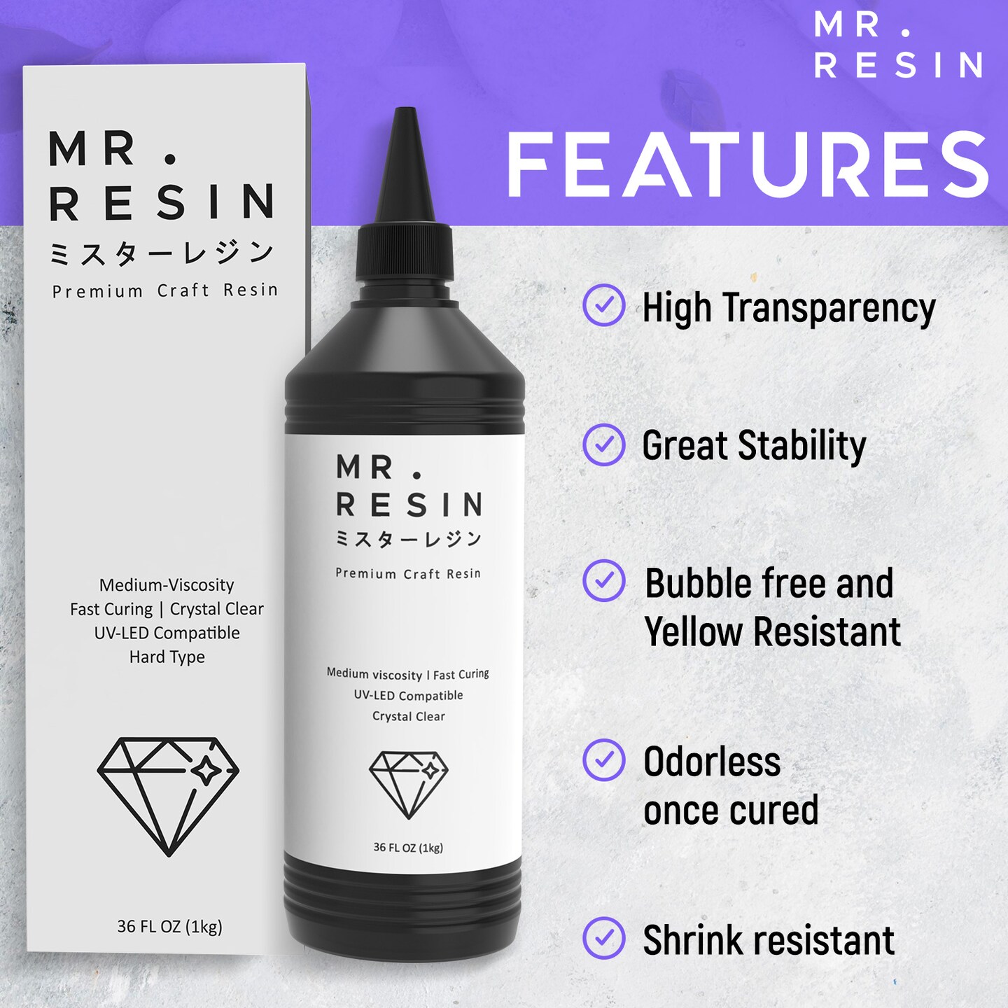 Mr.Resin™ Original Craft UV Resin 36oz (1kg) Crystal Clear Hard Type UV Resin for Jewelry Making, Rock Painting & More