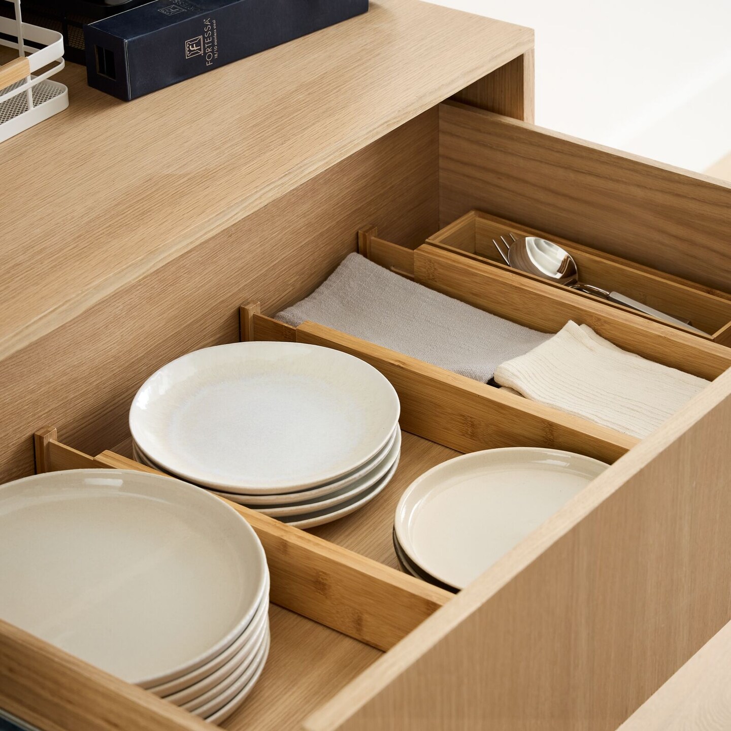 mDesign Expandable Bamboo Kitchen Drawer Divider, Foam End - 3 Pack - Natural