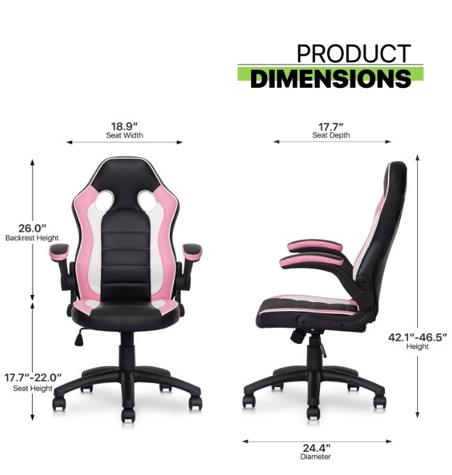 Black/pink PU leather computer gaming office chair with flip-up arms that works as a working desk seat