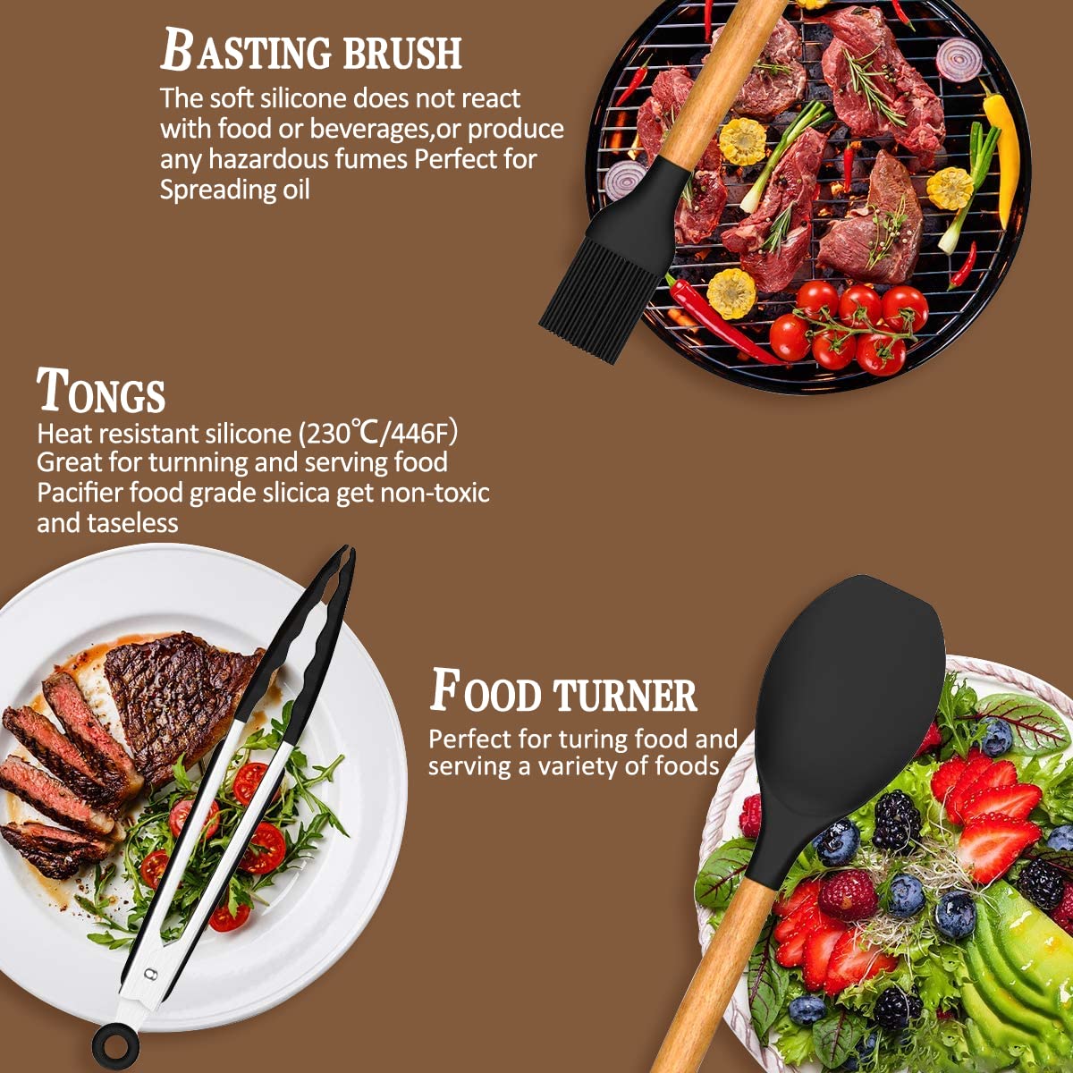 33 Pieces Chef Kitchen Cooking Utensils Set, Non-Stick Utensils Spatula Set with Holder, Black Wooden Handle Silicone Kitchen Gadgets