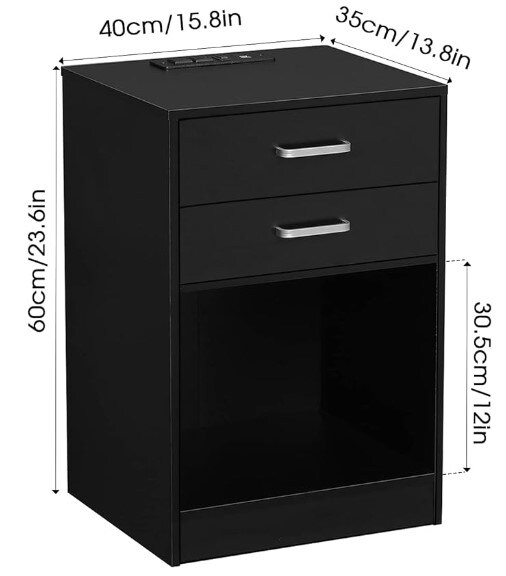 Night Stand Set 2, Black Nightstand with Charging Station and Drawers, Bedroom Nightstands Bedside Table with Drawers Set