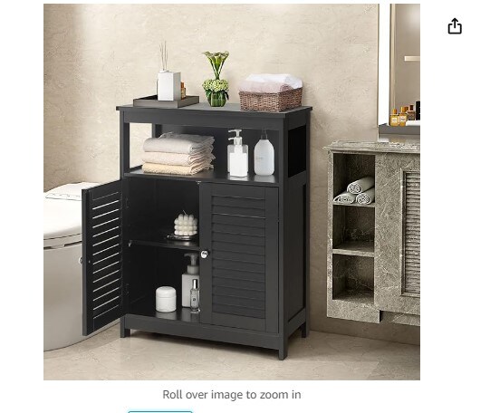 Bathroom Storage Cabinet, Wooden Side Storage Organizer with Louver Doors and Removable Shelf, Freestanding Floor Cabinet for Living Room, Kitchen, and Entryway (Black)