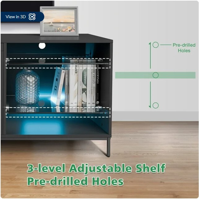 LED TV Stand for a 70-inch TV Media Console Cabinet with Open Glass Storage Shelves for Gaming Living Roomer Modern Entertainment Centre with LED Lights
