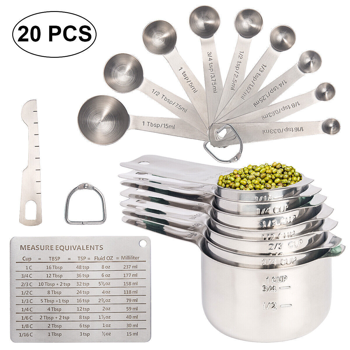 Smithcraft Measuring Cups Set of 7, 18/8 Stainless Steel Measuring Cups  with 1/8, 1/4, 1/3, 1/2, 2/3, 3/4 & 1 Cup for Kitchen & Baking, Dry and  Liquil