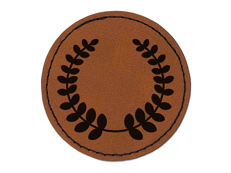 Rounded Laurel Wreath Silhouette Round Iron-On Engraved Faux Leather Patch Applique - 2.5"