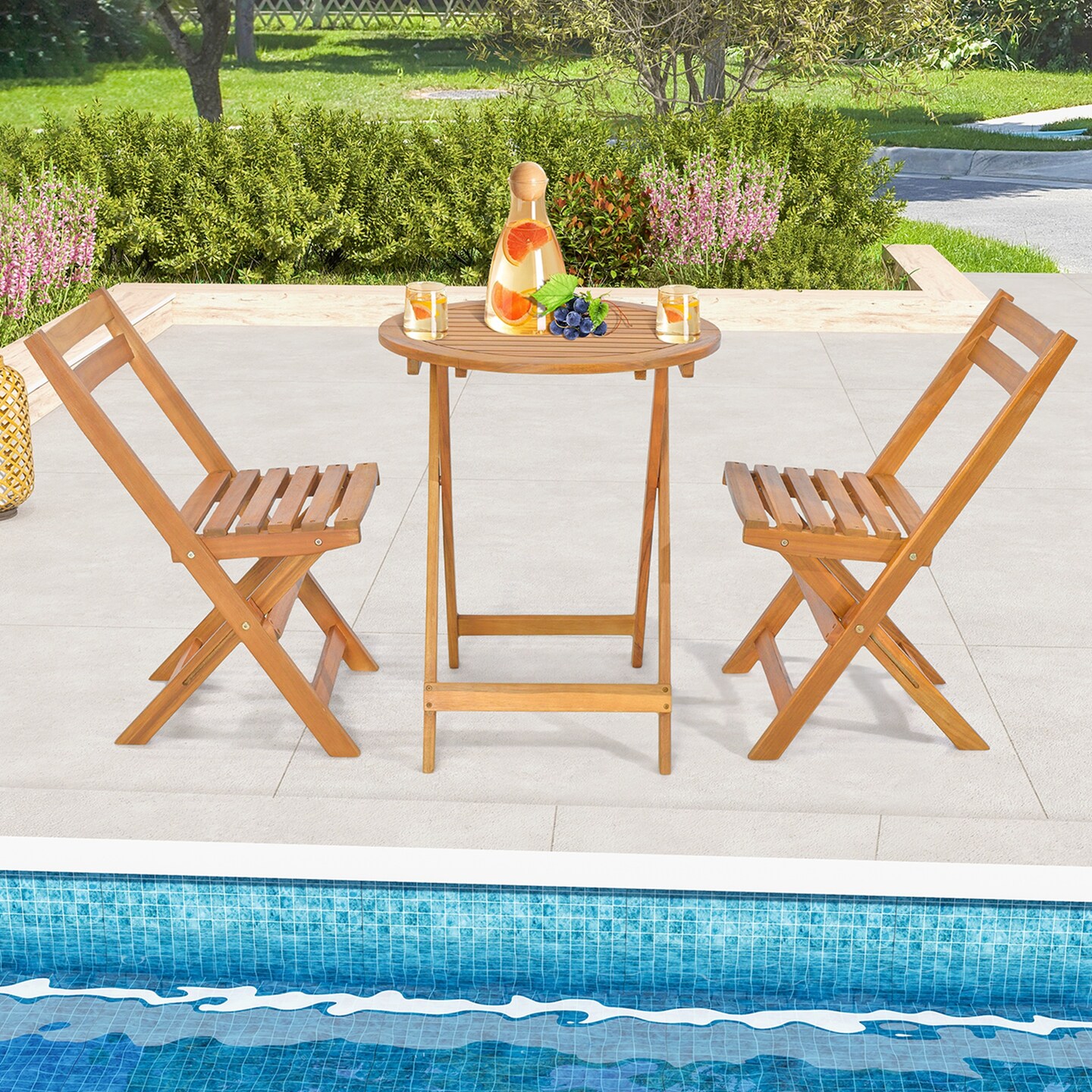 Costway 3 PCS Folding Patio Bistro Set Solid Acacia Wood Table &#x26; Chairs Slatted Tabletop