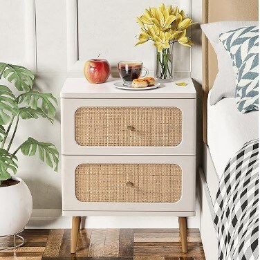 Boho Mid-Century Coastal Storage Cabinet, Wicker Rattan Nightstand, 2-Drawer End Table White Finish Side Table for Small Spaces, Modern Farmhouse Wooden Bedside Table,