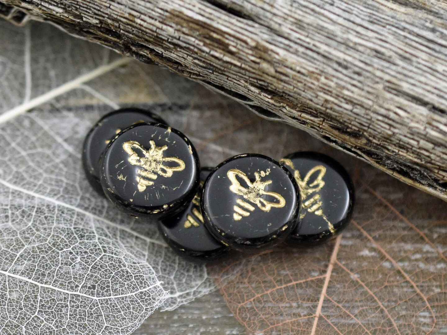 *12* 12mm Gold Washed Jet Black Bee Coin Beads
