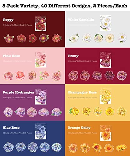 80 Pieces Large Size Flower Stickers with Gold Holographic Outlines, Glitter Shiny Floral Waterproof Decorative Decals for Scrapbooking Supplies Junk Journal Bullet Journals Planners