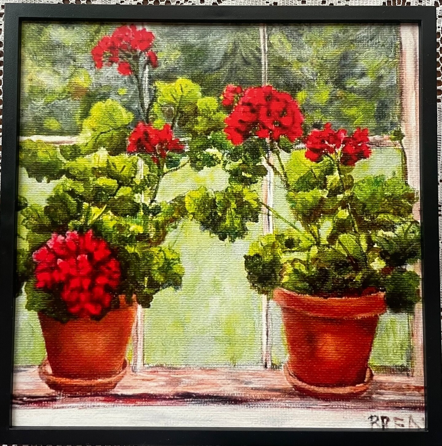 8 x 8 Mixtiles print of my oil painting. Framed Ready to hang. Geraniums. Summer. Spring. Flowers. Red.  Bright.  Cheerful. Happy. Floral.