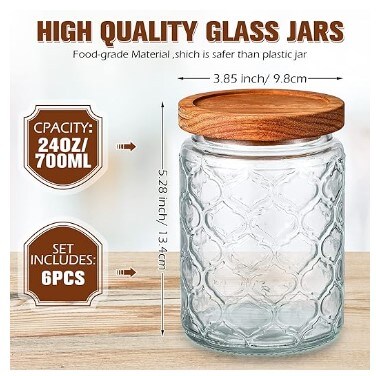 6 Glass Food Storage Containers with Wood Lids 24 oz Airtight Vintage Glass Jar with Lid Decorative Candy Cookie Jar Clear Glass Canisters Kitchen Storage Jars for Coffee, Sugar, Spice, Flour