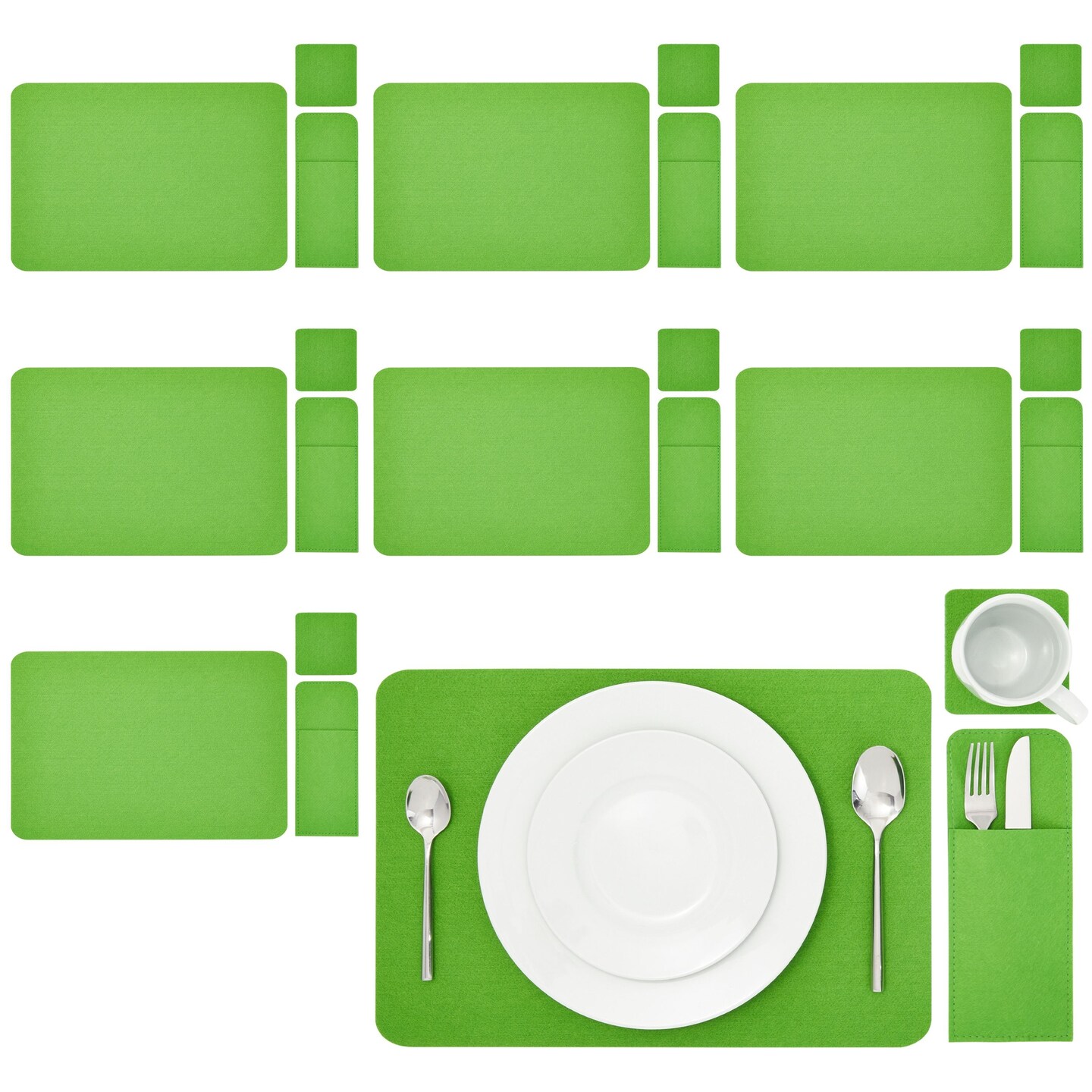 Felt Table Placemats Set of 8 for Dining Table and Kitchen Decor with Drink Coasters and Cutlery Pouches (Green, 24 Pieces)