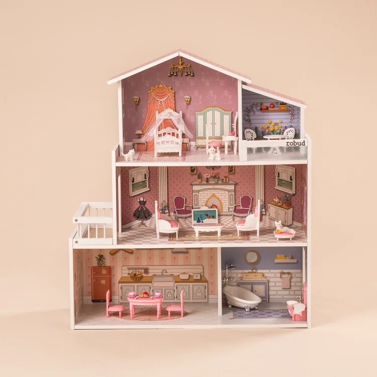 ROBUD Wooden Dollhouse for Kids with 24pcs Furniture Preschool WDH03