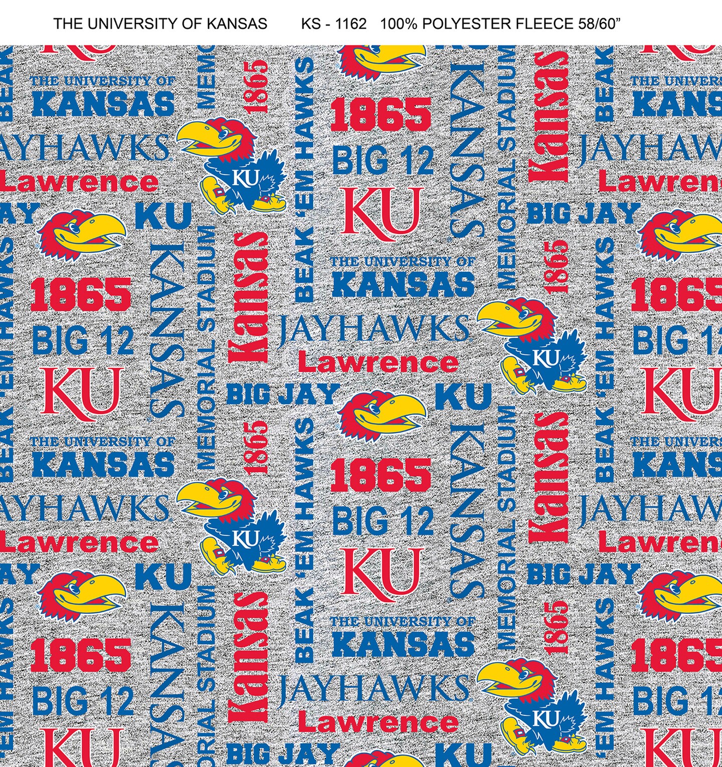 Sykel Enterprises-University of Kansas Fleece Fabric-Kansas Jayhawks Heather Verbiage Fleece Blanket Fabric-Sold by the yard