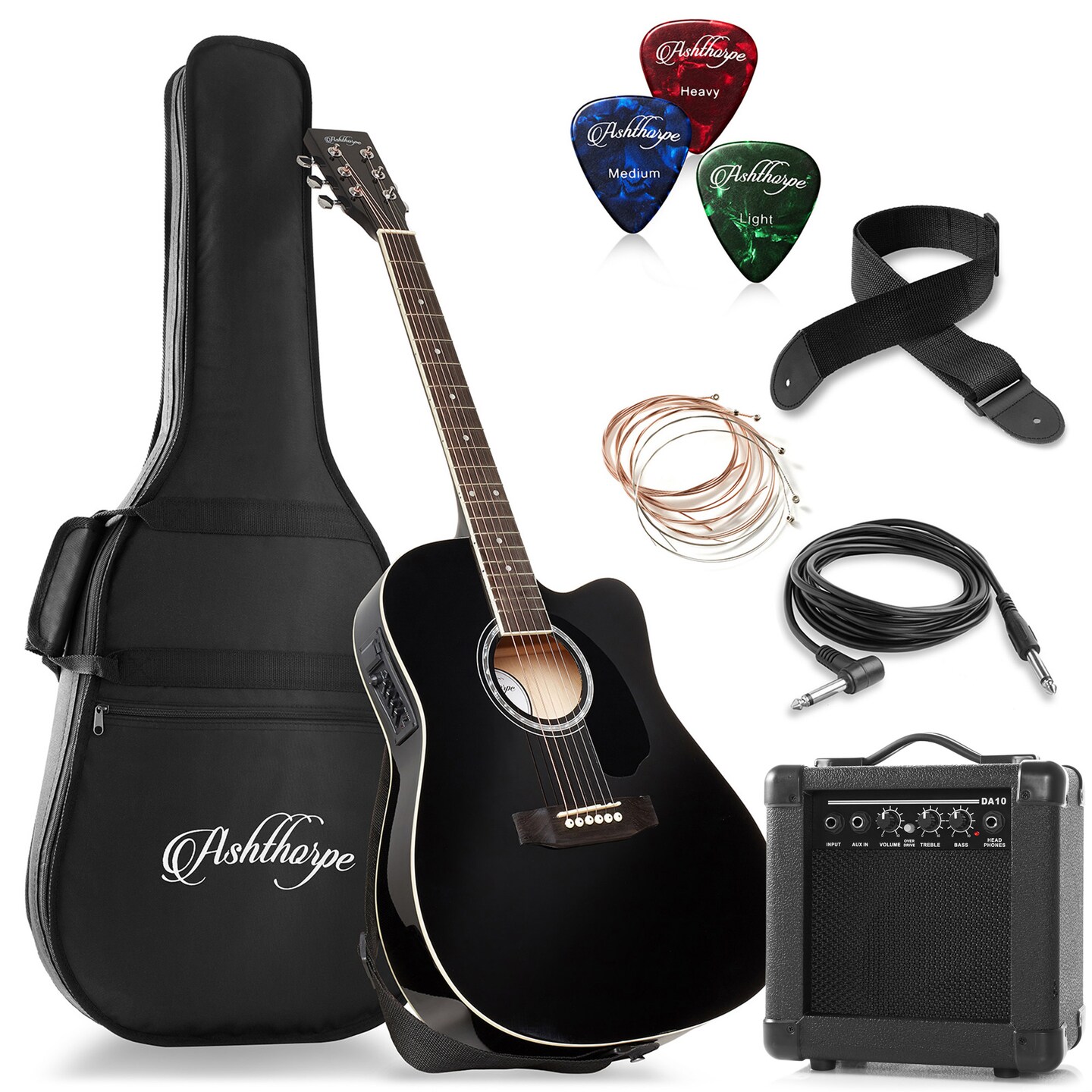 Ashthorpe Full-Size Thinline Cutaway Acoustic Electric Guitar Package with 10 Watt Amp