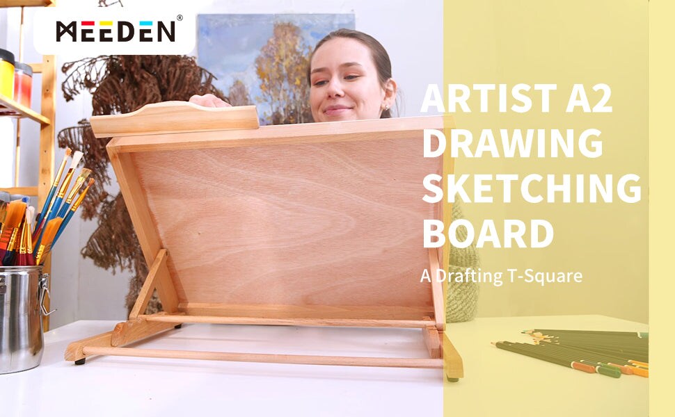 MEEDEN Large Studio Artist Drawing & Sketching Board, Adjustable Beechwood A2 Sketchboard for Students, Beginners & Artist- Wood Desktop Easel Board