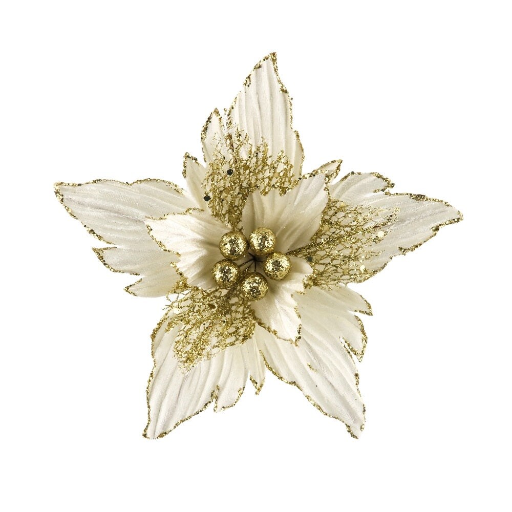 8&#x22; White Velvet Poinsettia Flower with Gold Trim