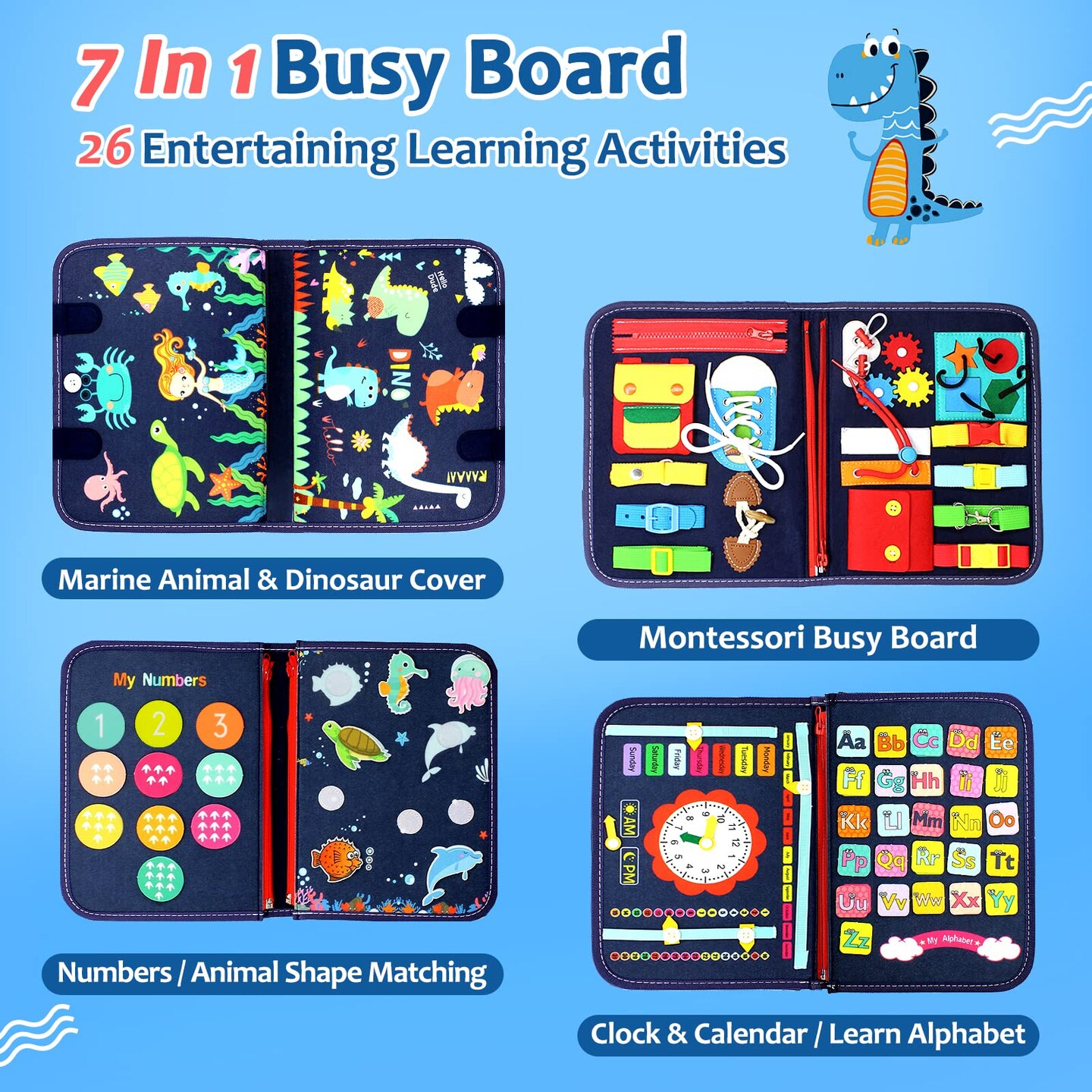 Busy Board Montessori Toy for 1 2 3 4 Years Old, Educational Activity Sensory Board Preschool Learning Fine Motor Skills Toys, Toddler Travel Toy for Plane Car, Gift for Boys Girls (Blue/P4)