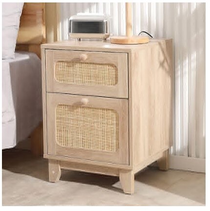 Boho Side Table with Handmade Rattan Decorated Drawer for Bedroom, Living Room