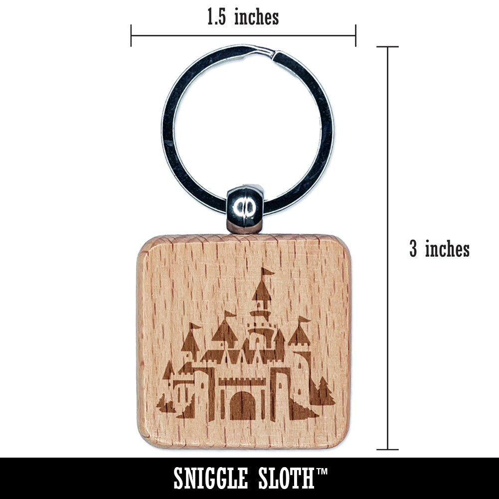 Fantasy Fairytale Castle with Towers Engraved Wood Square Keychain Tag Charm