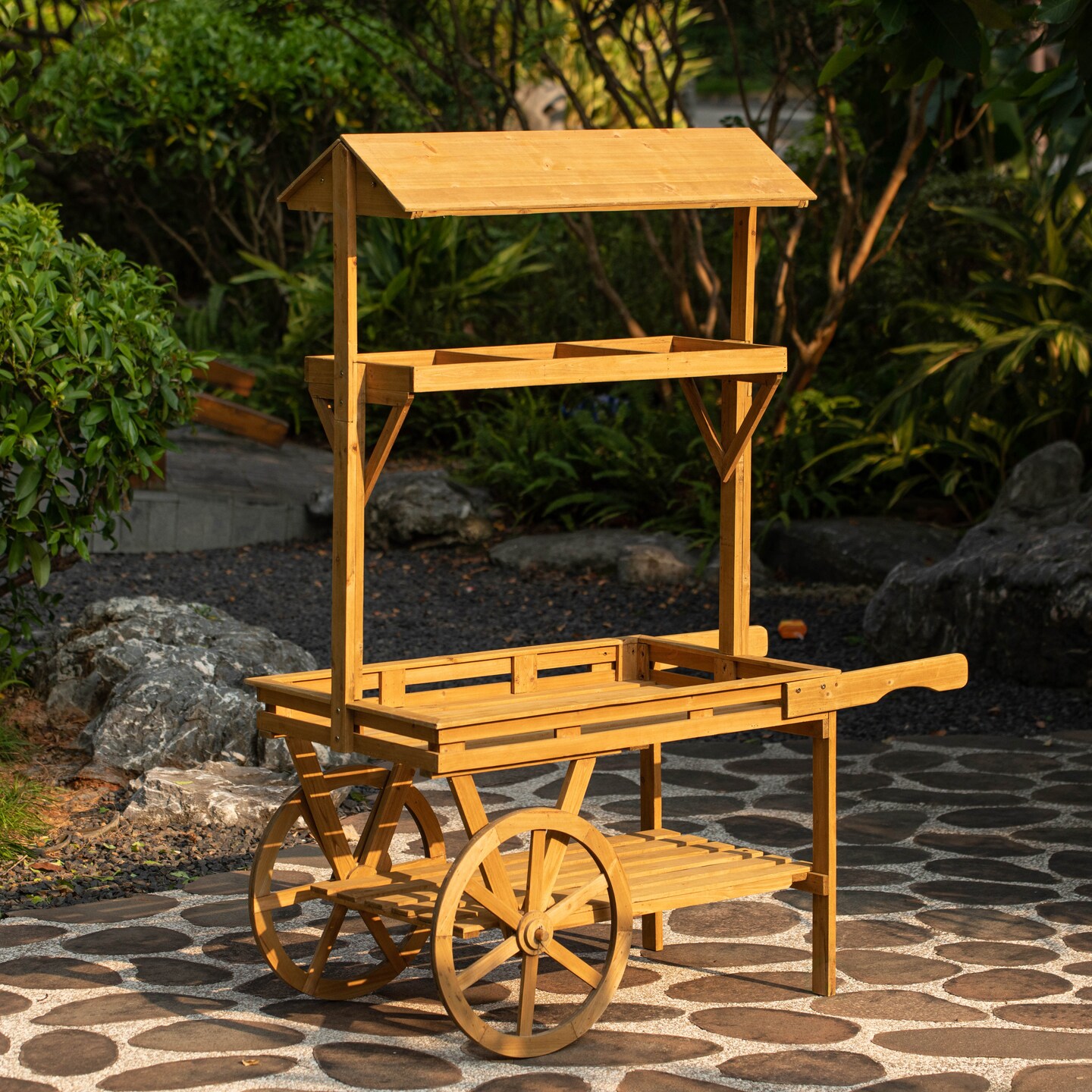 Large Wooden 3 Tier Rolling Table Cart With 2 Wheels for Home Decor, Modern Wagon with Shelves for Display Rack, Lemonade stand, Food Stand, Beverage Bar, or Tea Stall