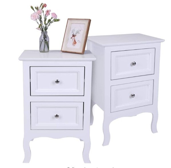 Set of two white nightstands. Farmhouse end side table chest with two drawers for bedroom, living room, or office.