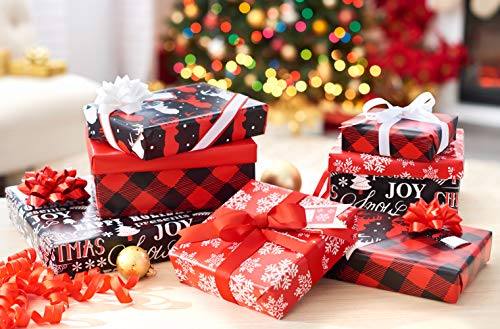American Greetings 120 sq. ft. Red and Black Christmas Wrapping Paper Set with Cut Lines (4 rolls 30 in. x 12 ft., 7 Bows, 30 Gift Tags), Christmas Text, Plaid, Reindeer and Snowflakes