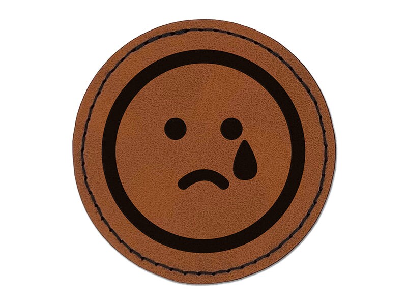 Sad Tear Crying Frown Face Emoticon Round Iron-On Engraved Faux Leather Patch Applique - 2.5&#x22;