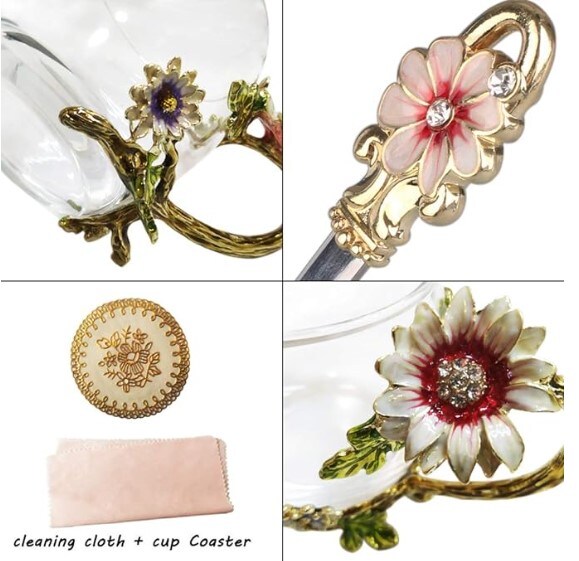 Enamel Sunflower Crystal Lead-Free Glass Tea Cup with Spoon Set, Christmas and Valentine&#x27;s Day Gift.The ideal gift for a mother, grandmother, girlfriend, or sister.
