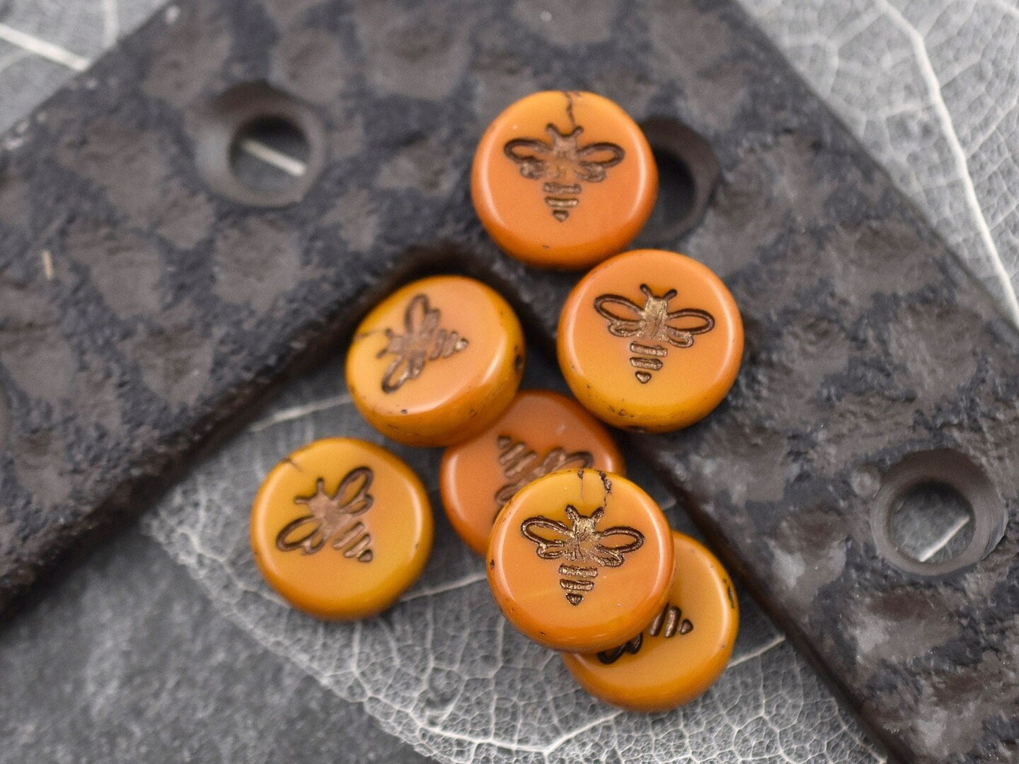 *12* 12mm Dark Bronze Washed Opaque Orange Mustard Bee Coin Beads