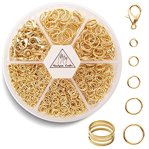 Handyman Crafts Jump Rings Kit With1000PCS Open Jump Rings 40PCS 12mm Lobster Clasps and Jump Rings Opener for Jewelry Making Keychains and Necklace Repair (Gold)