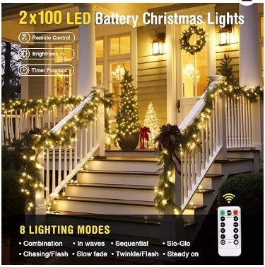 2 Pack Warm White Battery Operated Outdoor String Lights, 33ft 100 LED Battery Powered Christmas Lights with Remote, 8 Modes Waterproof Twinkle Fairy Mini Lights