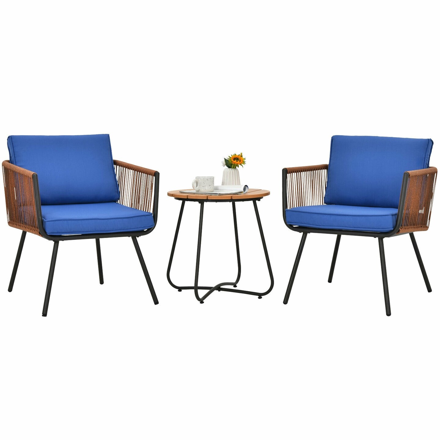3 Pieces Patio Birstro Furniture Set with Armrest and Soft Cushions