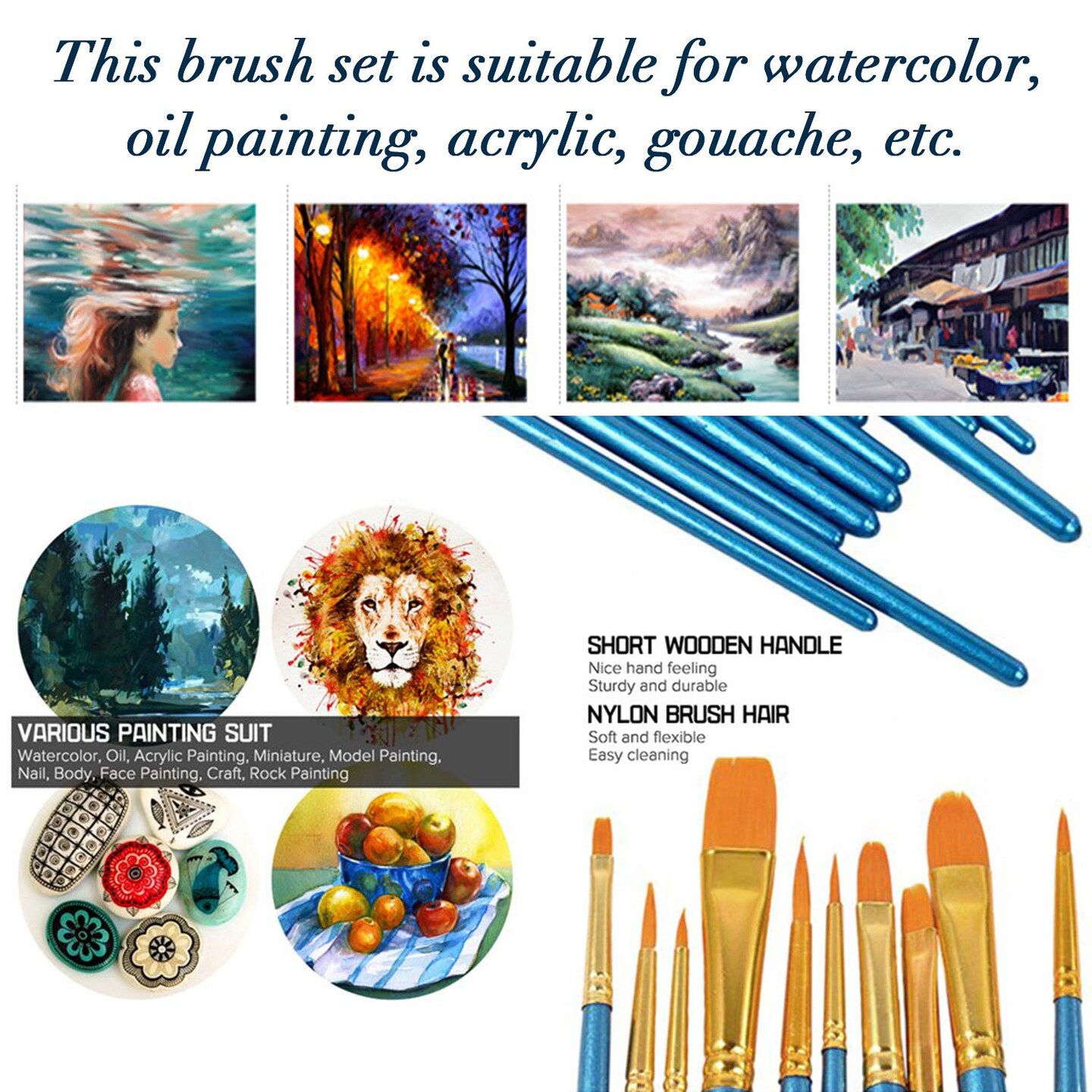 Acrylic Paint Brush Set, 2 Packs / 20 pcs Nylon Hair Brushes for All Purpose Oil Watercolor Painting Artist Professional Kits