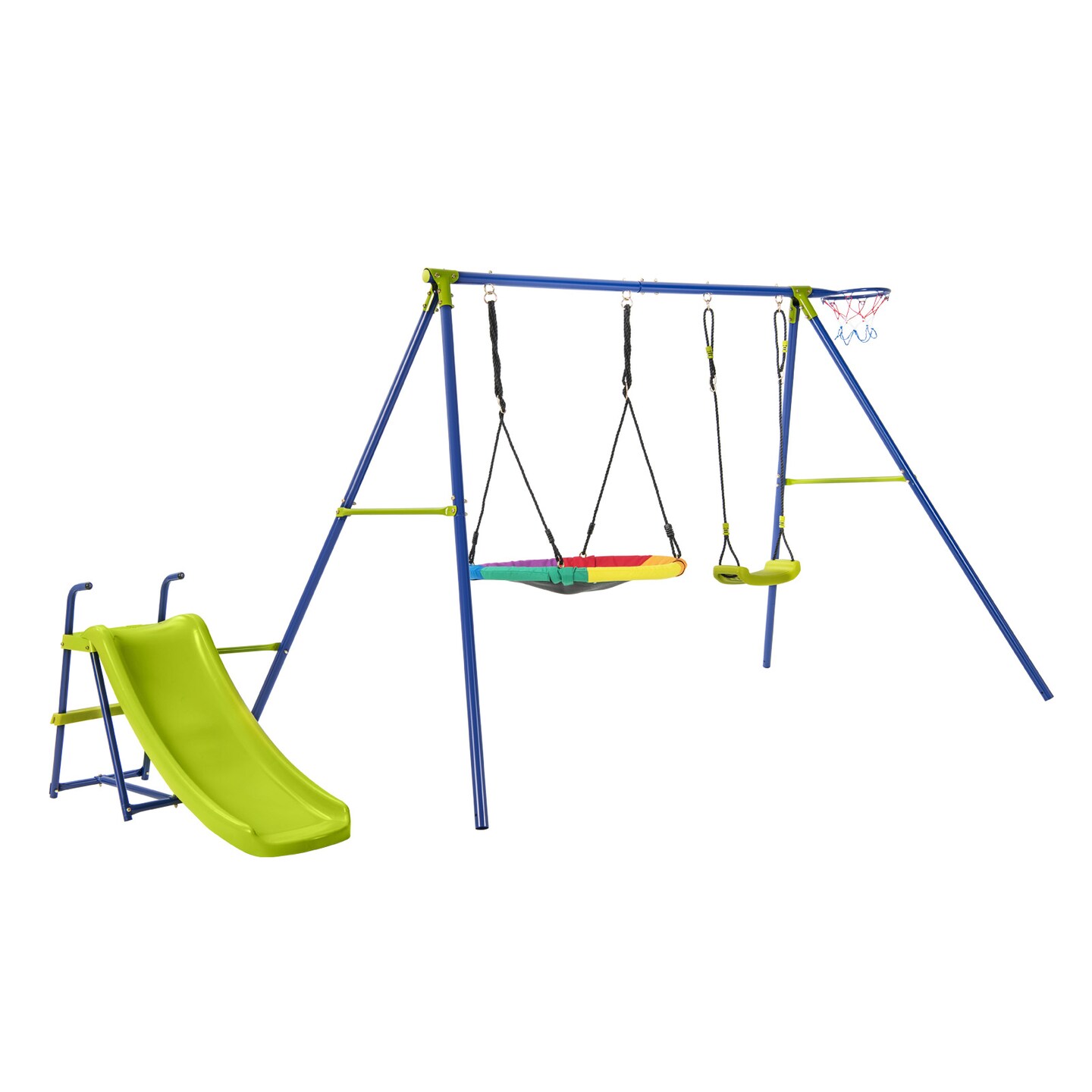Backyard Swing Set with Slide Swings and Basketball Hoop Multicolor