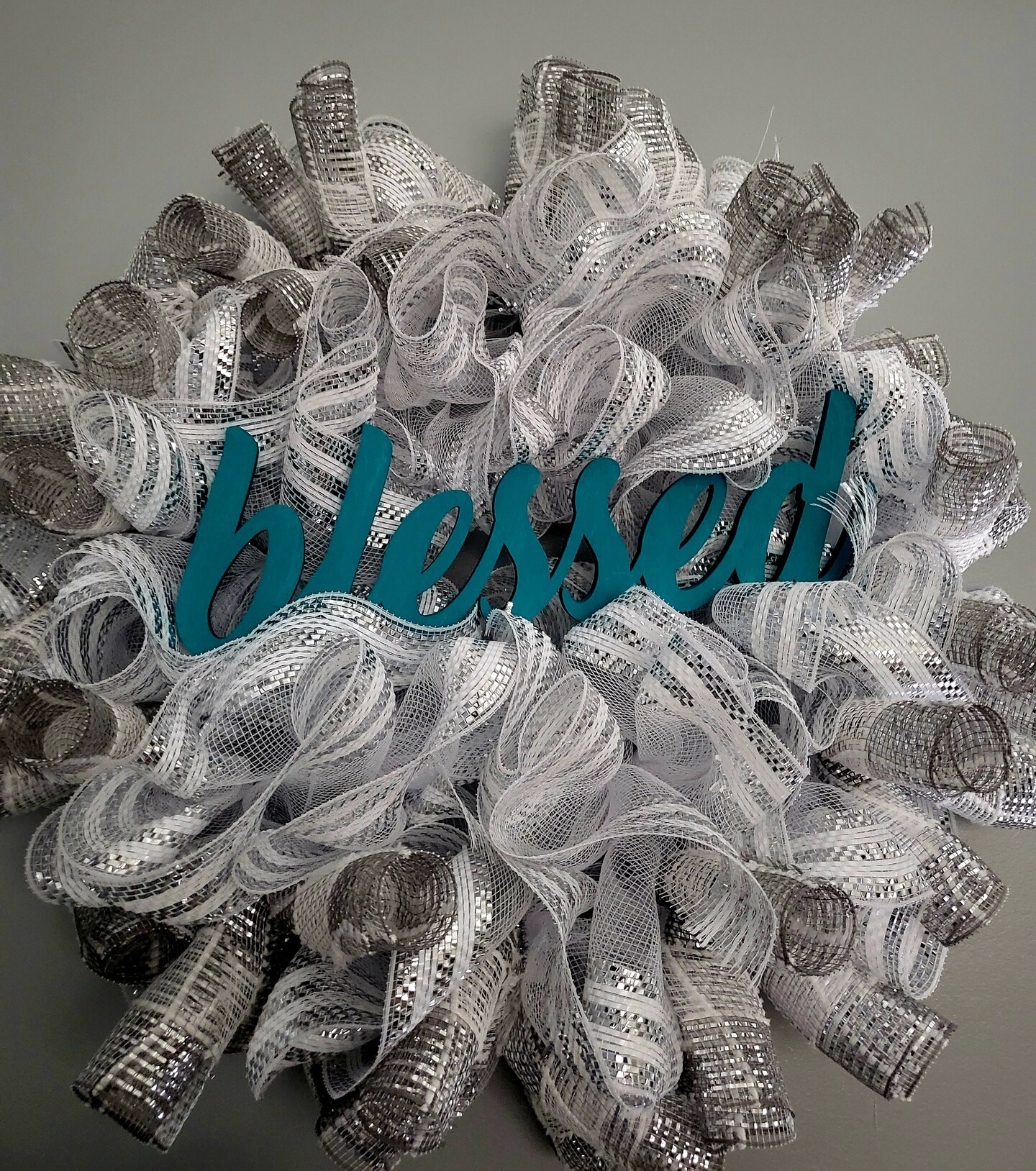 Silver, White and Aqua Deco Mesh Wreath | MakerPlace by Michaels