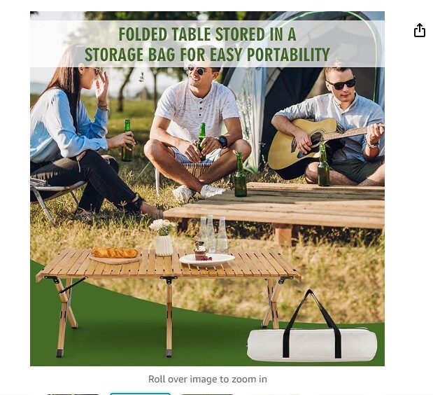 Portable 4ft Roll Up Camping Table with Storage Bag, for 4-6 People, Low Height Foldable Bamboo Bench Table, for Indoor &#x26; Outdoor Party, BBQ, and Hiking (Natural)