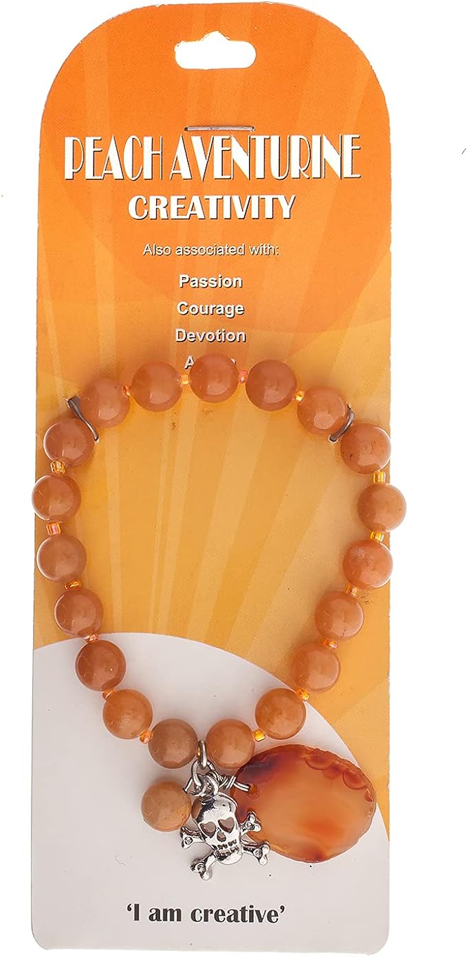 Earth&#x27;s Jewels Semi-Precious Peach Aventurine Orange Bracelet, Agate &#x26; Skull Charm