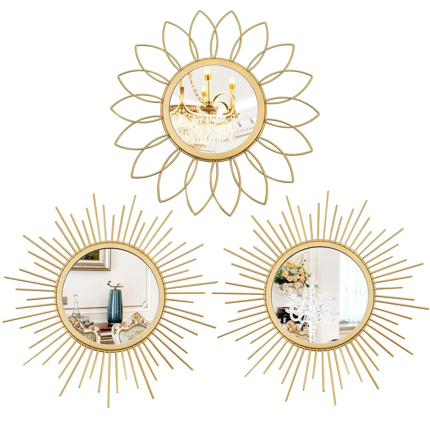 3 Pack Gold Mirrors for Wall Metal Sunburst Wall Mirrors Home D&#xE9;cor Decorative Hanging Wall Art for Living Room Bedroom Entryway