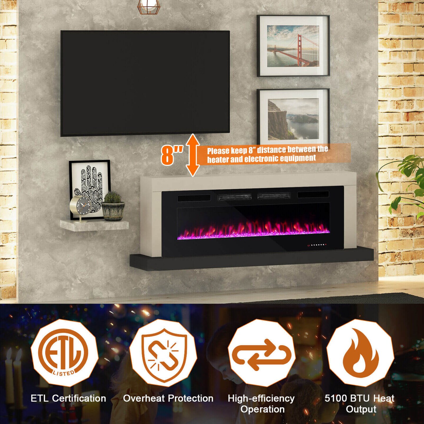 Ultra-Thin Electric Fireplace with Decorative Crystals and Smart APP Control