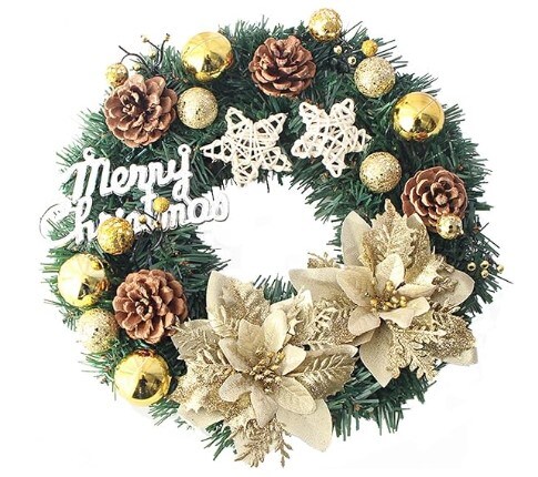 Front Door Artificial Christmas Wreaths Indoor Outdoor Home Decorations with Christmas Gold Glitter Poinsettias Artificial Flowers Star and Pine Cones