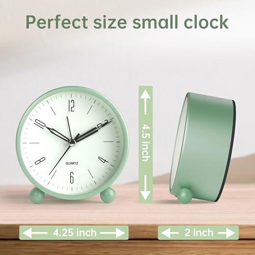 4 inch Super Silent Non Ticking Small Clock with Night Light, Battery Operated, Simple Design, Old Fashioned Style Sage Decor, for Bedroom, Bedside, Desk, Adult, Kid, Gift, Green