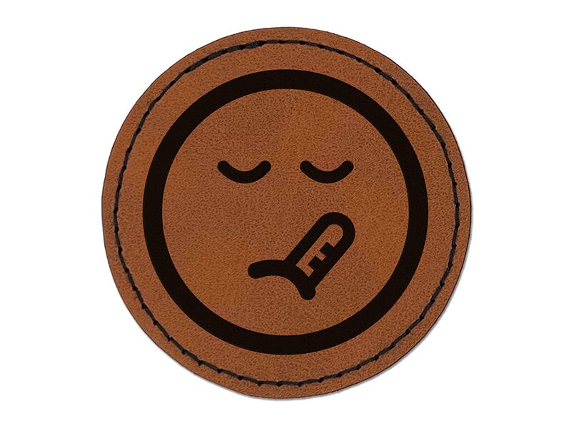 Sick Face Thermometer Emoticon Round Iron-On Engraved Faux Leather Patch Applique - 2.5&#x22;