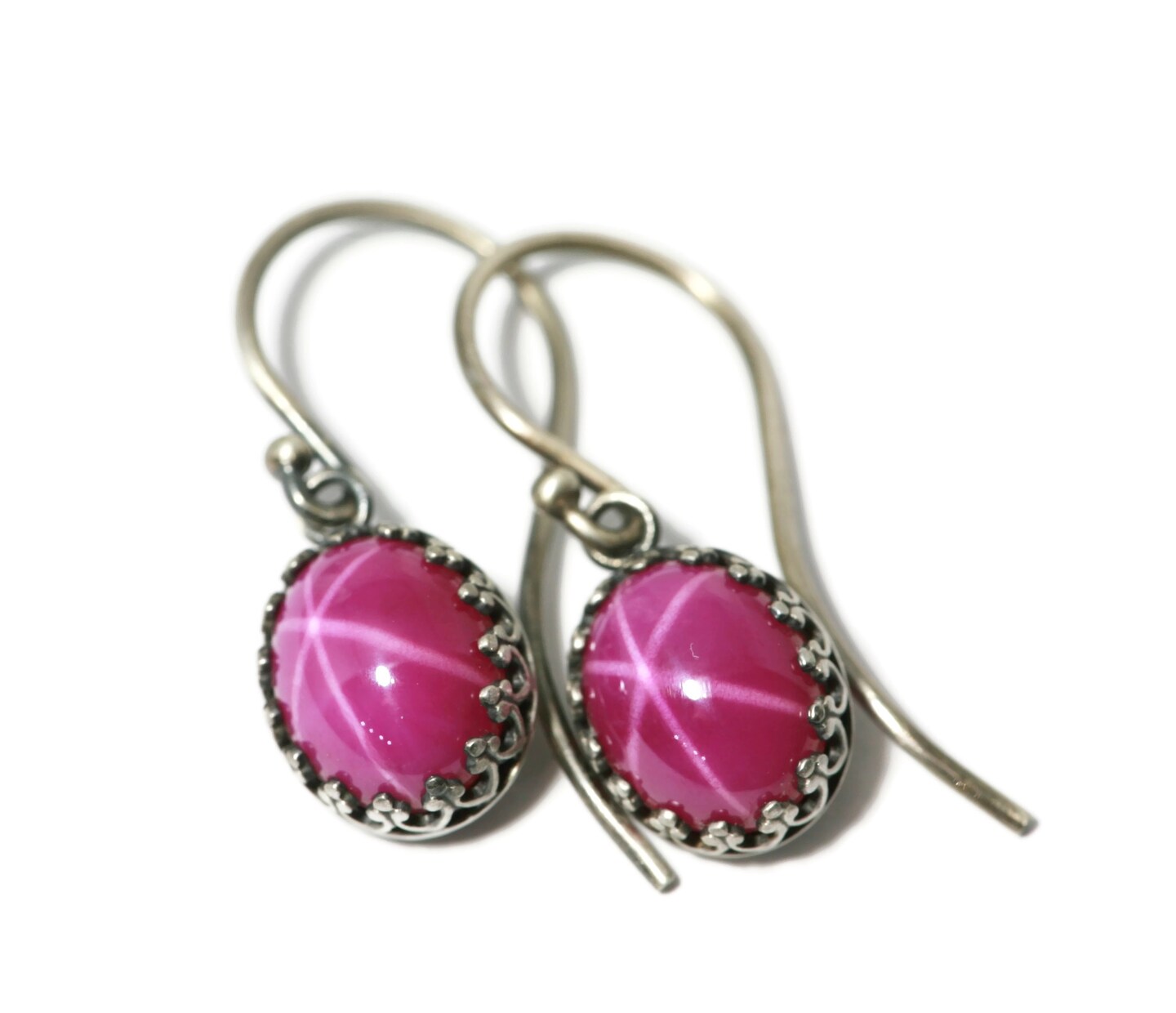 Oval 10x8mm Created Pink Star Ruby Crown Drop Earrings by Salish