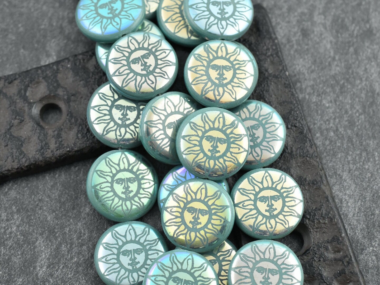 *8* 17mm Opaque Turquoise AB Laser Tattoo Celestial Sun Coin Beads